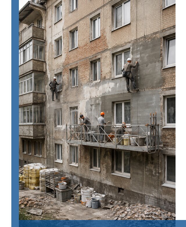 Капитальный ремонт фасада в Набережных Челнах с восстановлением и гидроизоляцией