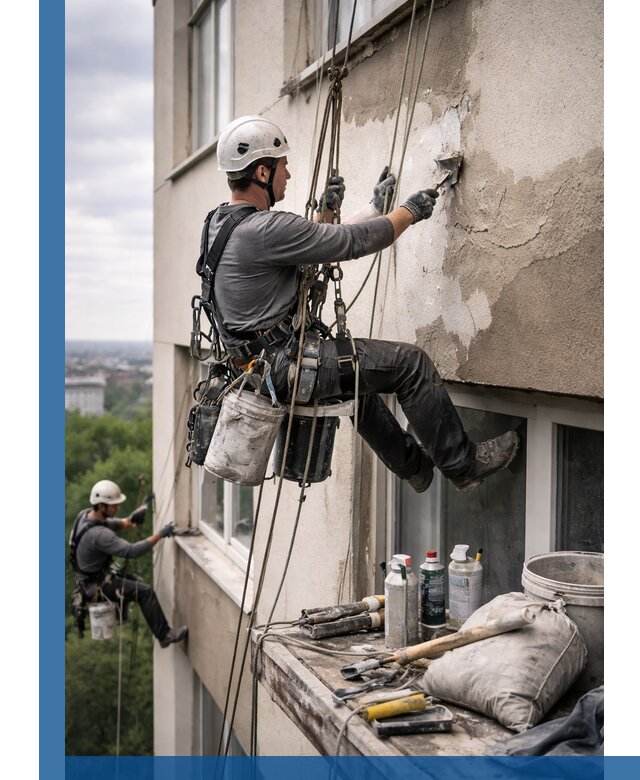 Косметический ремонт фасада зданий в Набережных Челнах промышленными альпинистами