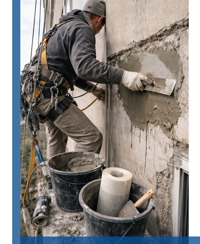 Ремонт бетонных элементов фасада промышленными альпинистами в Набережных Челнах