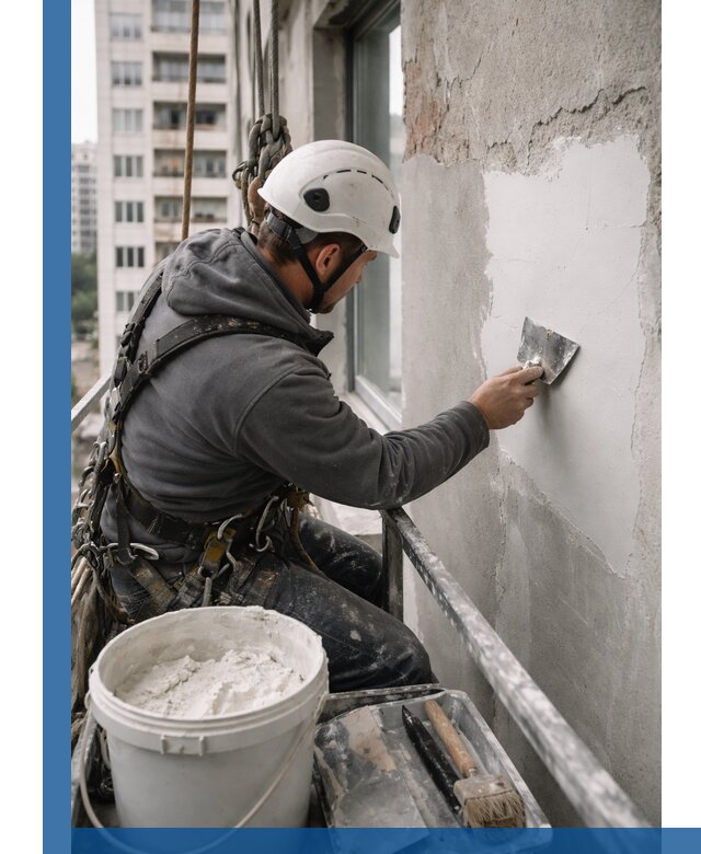 Шпаклевка фасадов на высоте с промальпинистами в Набережных Челнах