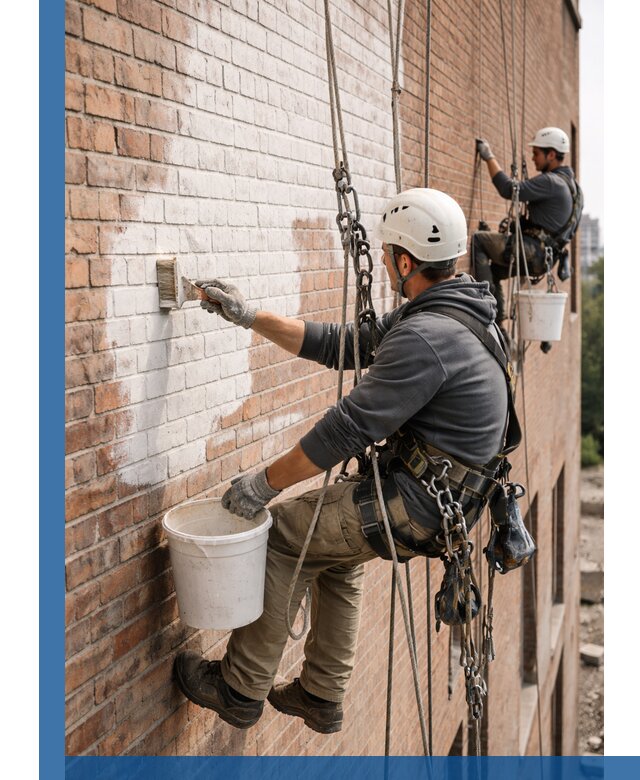 Покраска кирпичного фасада с доступным альпинистским сервисом в Набережных Челнах
