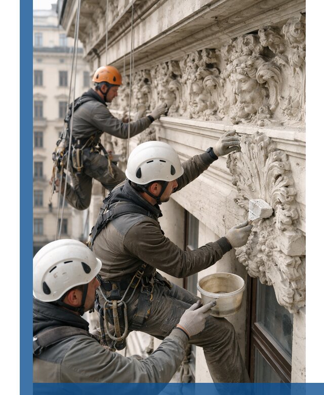 Реставрация фасадной лепнины с высотными работами в Набережных Челнах