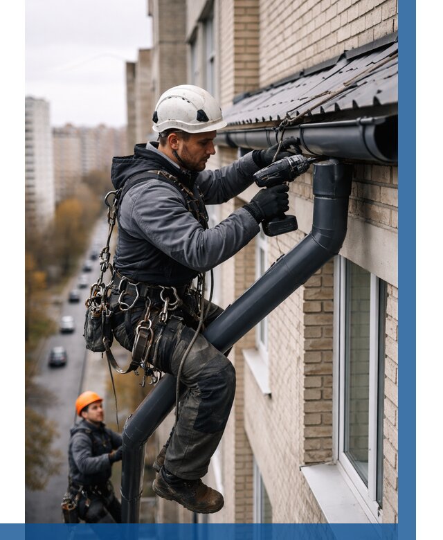 Монтаж водосточной системы на здании в Набережных Челнах от 5079 р. | ВЫСОТНИК-Нбр