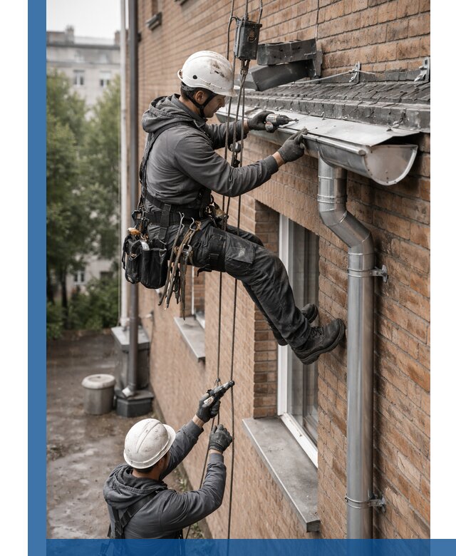 Монтаж водосточной системы на здании в Набережных Челнах под ключ