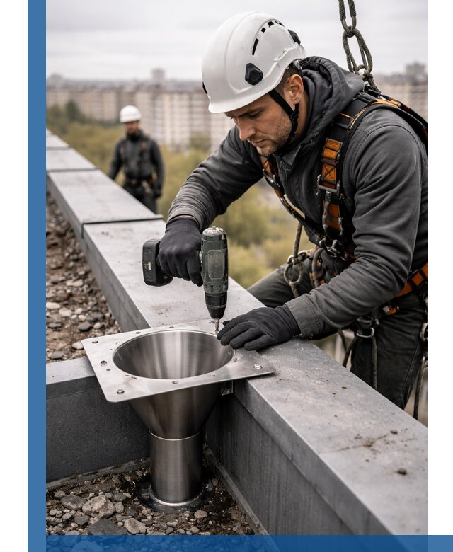 Монтаж водосточных воронок в Набережных Челнах для промышленных зданий