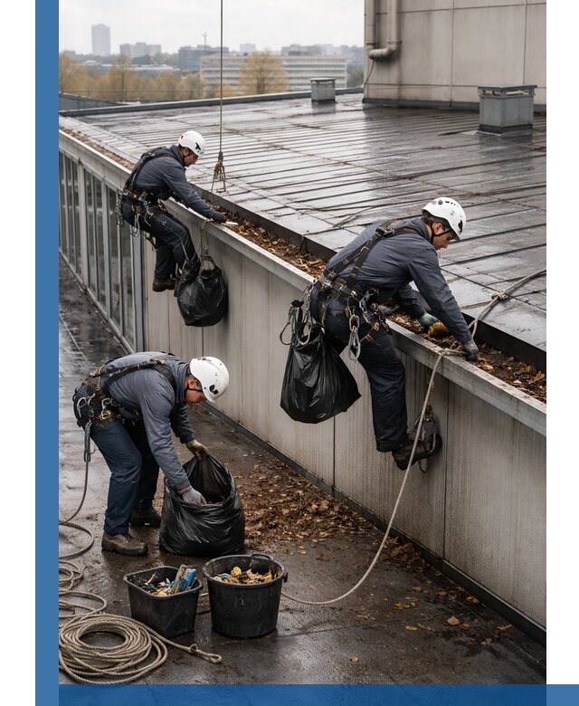 Очистка кровли по периметру в Набережных Челнах силами промышленных альпинистов