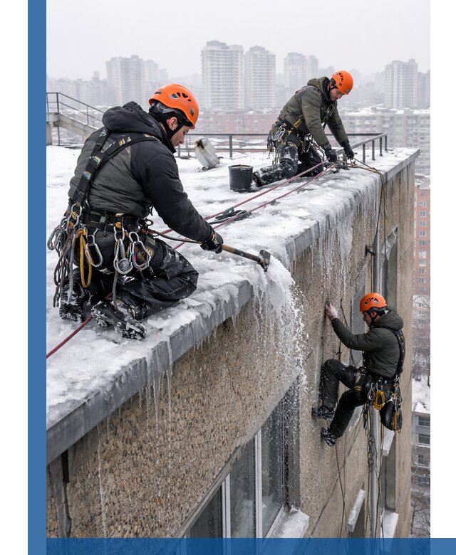 Удаление наледи с кровли в Набережных Челнах промышленными альпинистами