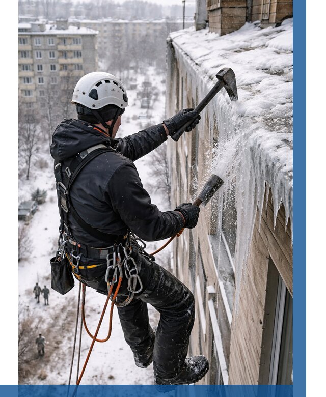 Сбивание сосулек с крыши в Набережных Челнах по цене от 4571 р. | ВЫСОТНИК-Нбр