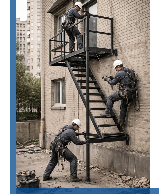 Монтаж пожарной лестницы в Набережных Челнах, установка и крепление