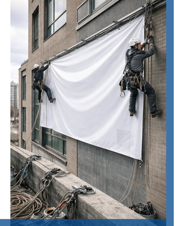 Монтаж баннеров на фасаде в Набережных Челнах от 660 р. заказать ВЫСОТНИК-Нбр