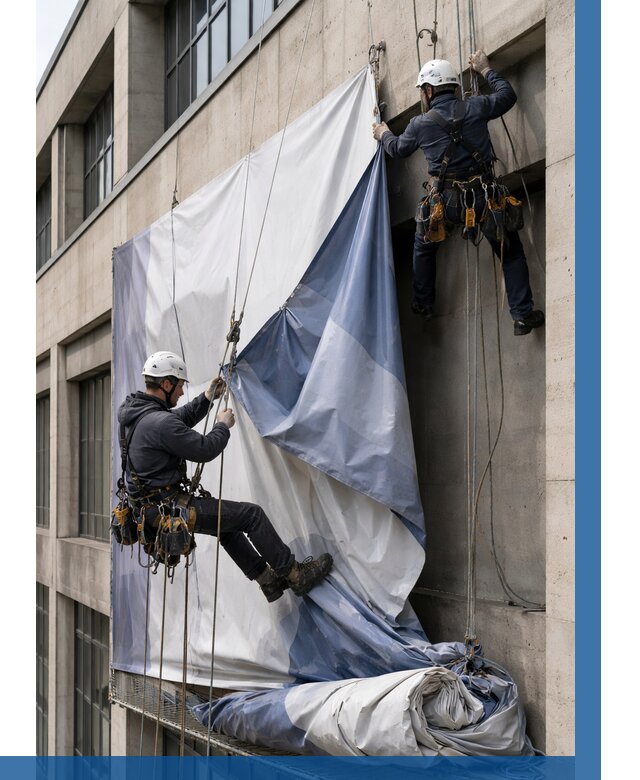 Демонтаж баннеров с фасада в Набережных Челнах от 4571 р. | ВЫСОТНИК-Нбр