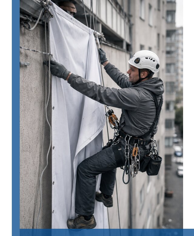 Замена баннерного полотна промышленными альпинистами в Набережных Челнах