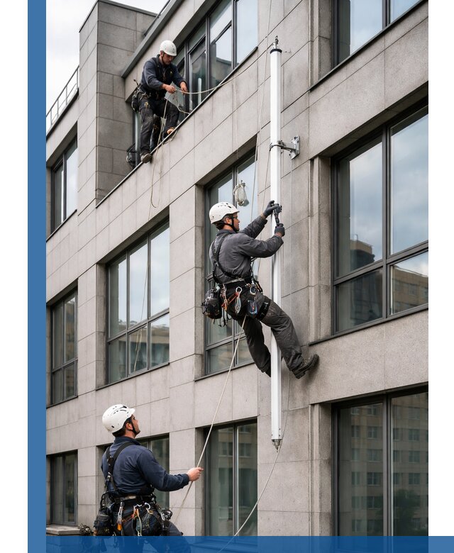 Монтаж флагштока на фасаде здания с креплением и герметикой в Набережных Челнах