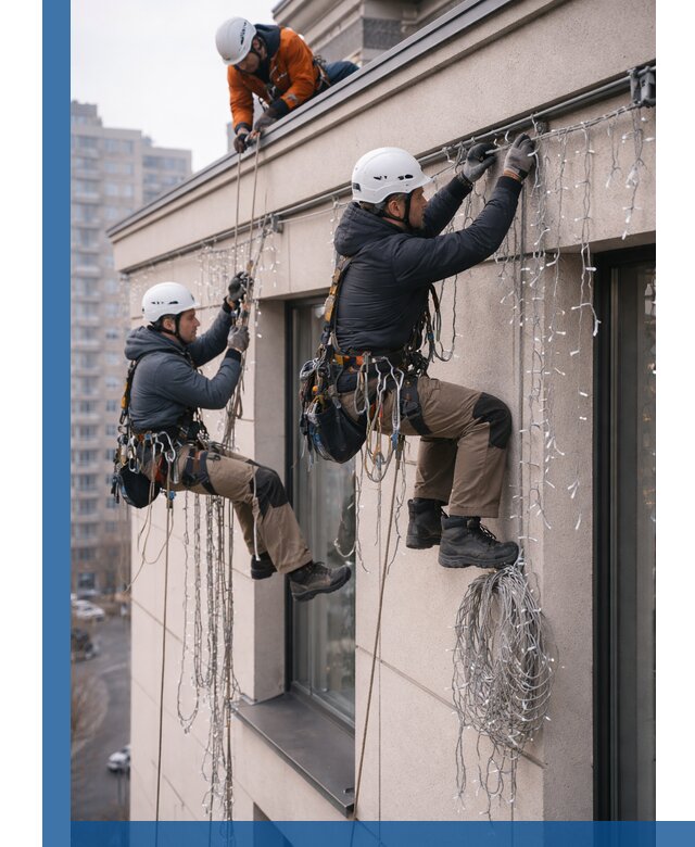 Монтаж праздничных гирлянд на фасаде в Набережных Челнах для зданий