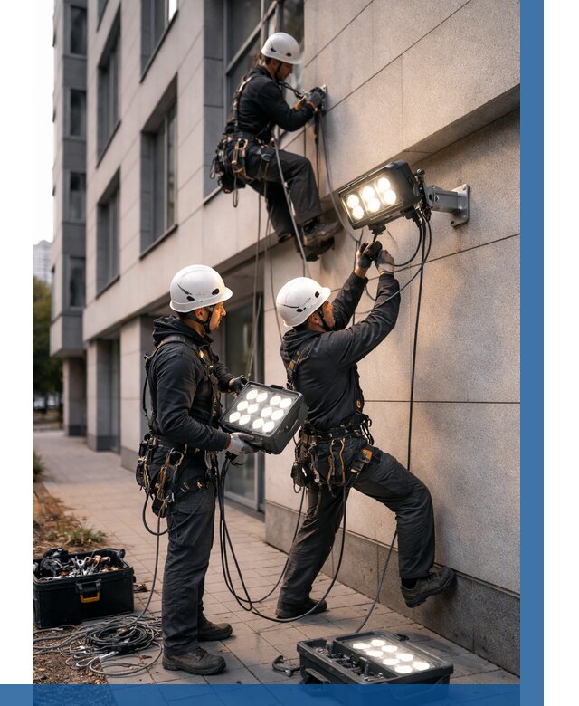 Монтаж прожекторов на фасаде в Набережных Челнах от 7619 р. | ВЫСОТНИК-Нбр