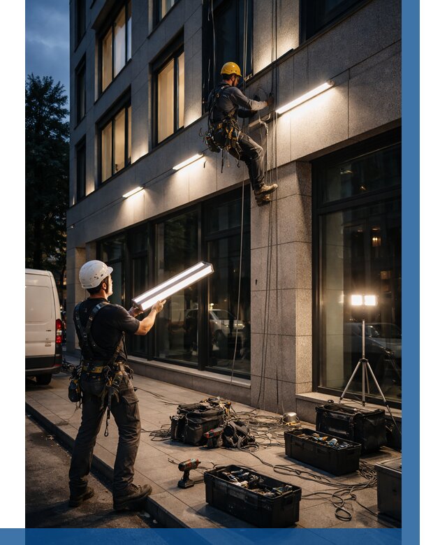 Монтаж архитектурной подсветки здания в Набережных Челнах от 2540 р.|ВЫСОТНИК-Нбр