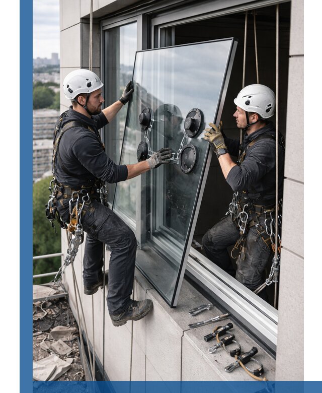 Замена стеклопакетов на высоте с промышленными альпинистами в Набережных Челнах