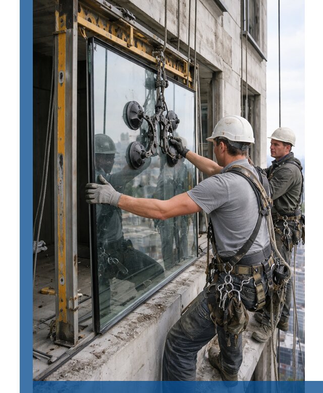 Монтаж стеклопакетов на высоте в Набережных Челнах с промышленным альпинизмом
