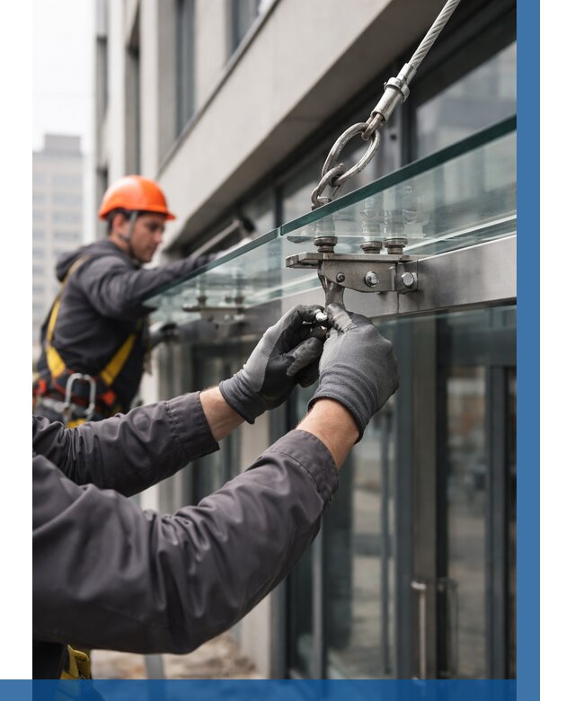 Монтаж стеклянных козырьков в Набережных Челнах от 8634 р. | ВЫСОТНИК-Нбр