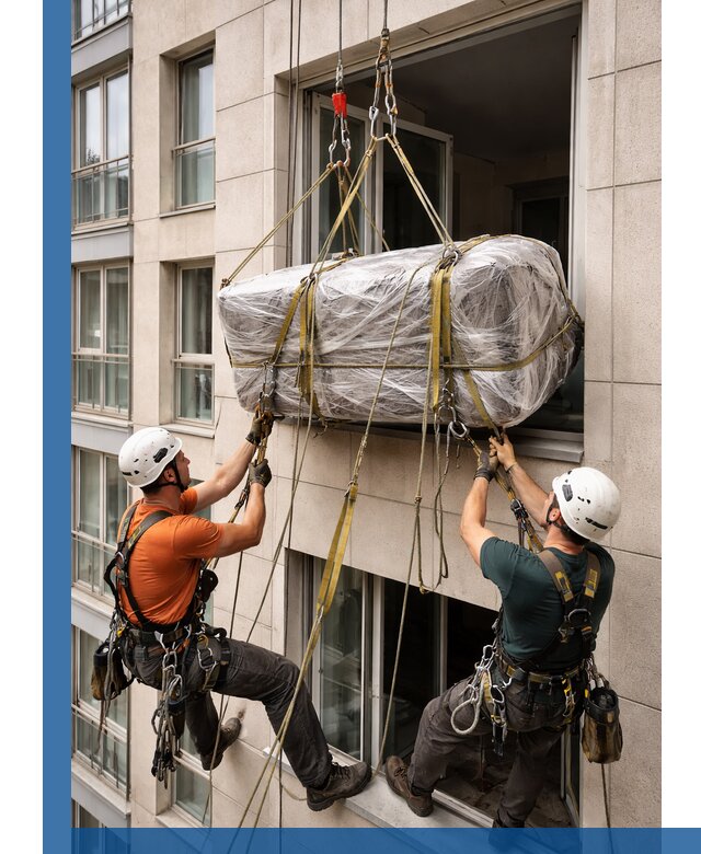 Подъем грузов через окно в Набережных Челнах промышленными альпинистами