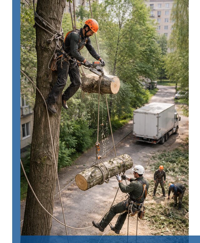 Спил деревьев альпинистами в Набережных Челнах, безопасно и без повреждений