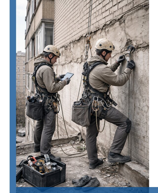 Обследование фасада промышленными альпинистами в Набережных Челнах